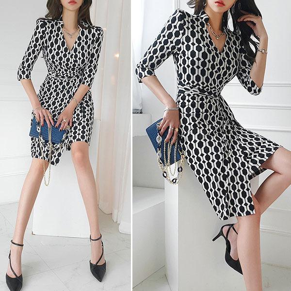 日本限定モデル Vネック 幾何学模様 カシュクール 7分袖 レディース ワンピース 膝丈 To メール便可 韓国 夏 春 オフィス きれいめ 上品 スリム タイト ひざ丈 ワンピース サイズ L Hakunamatatagrill Com