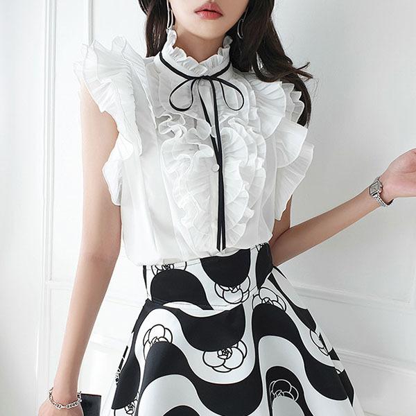 ブラウス レディース トップス ノースリーブ シャツ フリル ラッフル