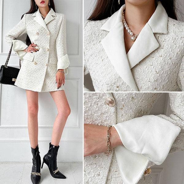 ジャケット レディース 長袖 2WAY ミニ ワンピース ツイード Vネック