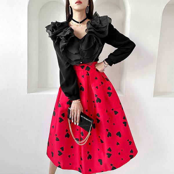 スカート レディース ボトムス ハート柄 ロング丈 ミモレ丈 膝下 ハイ