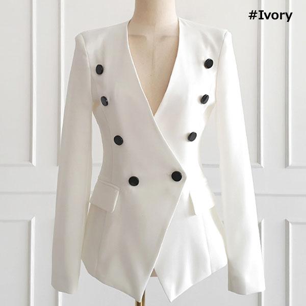 ジャケット レディース ノーカラー 長袖 タイト アウター ダブル