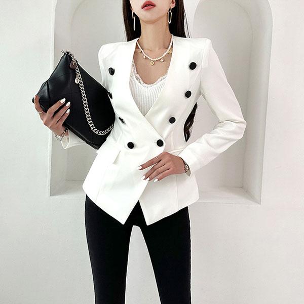 ジャケット レディース ノーカラー 長袖 タイト アウター ダブル