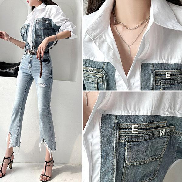 シャツ レディース 長袖 七分袖 トップス レイヤード 重ね着 デニム