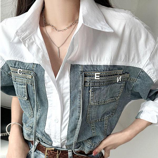 シャツ レディース 長袖 七分袖 トップス レイヤード 重ね着 デニム