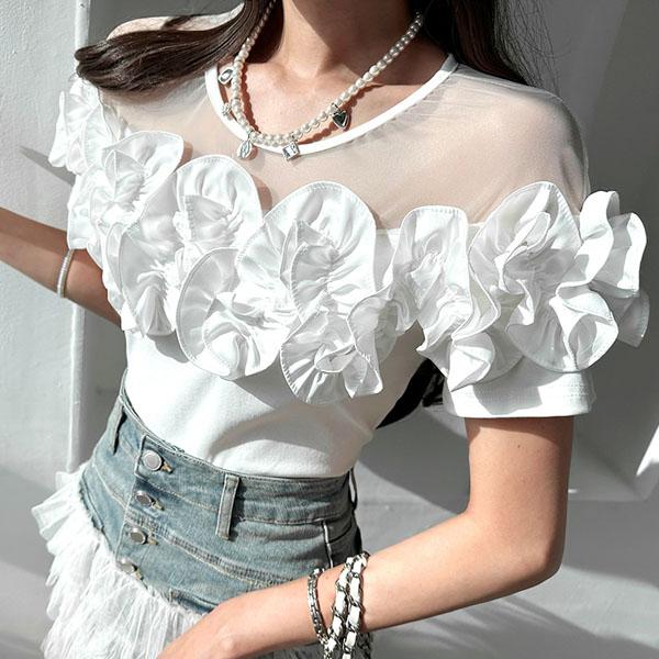 Tシャツ トップス レディース 半袖 フリル シースルー 切り替え