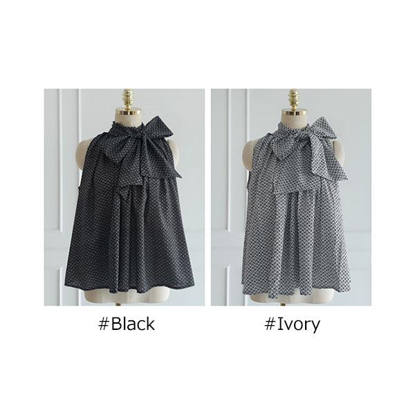 セリーヌ　ノースリーブボウタイブラウス 美品☆CELINE セリーヌ シルク100％ ドット柄 ボウタイリボン付