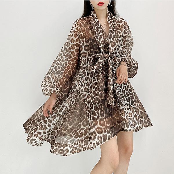 ワンピース レディース 長袖 フレア フリル レオパード ヒョウ柄 ミニ