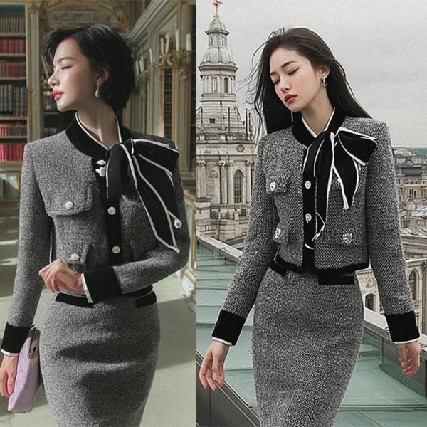 セットアップ レディース ジャケット ノーカラー スカート 膝丈 膝下