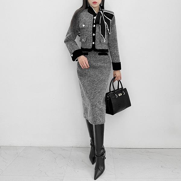 セットアップ レディース ジャケット ノーカラー スカート 膝丈 膝下
