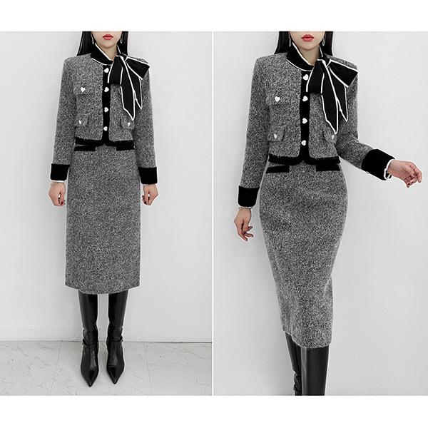 セットアップ レディース ジャケット ノーカラー スカート 膝丈 膝下