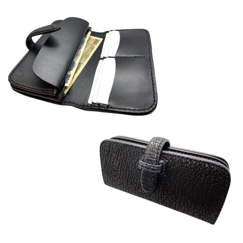 【美品】革物工房大輔　シャーク レザー 長財布　特大 ロング ウォレット　黒 革財布 長財布 ロングウォレット メンズ 本革 サドルレザー サメ革
