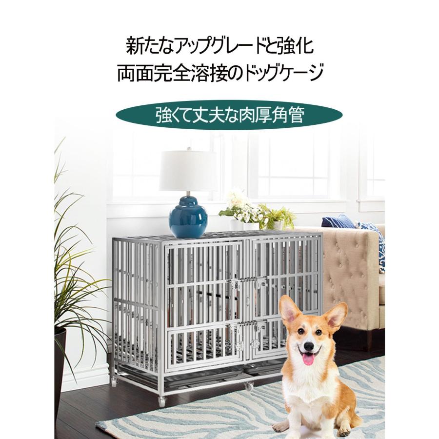 中大型犬クレート、ステンレスケージ犬、折り畳み式、給餌器付き 脱走防止 犬小屋 ペットケージ ペットかご 犬用サークル、屋根付き 、 家庭/テラス/裏庭