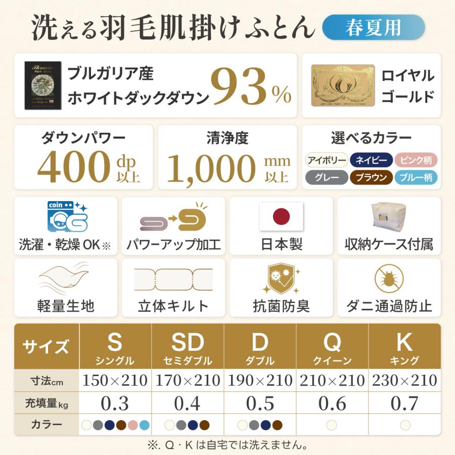 羽毛布団 肌掛け ダブル 洗える 日本製 春用 夏用 ホワイトダック