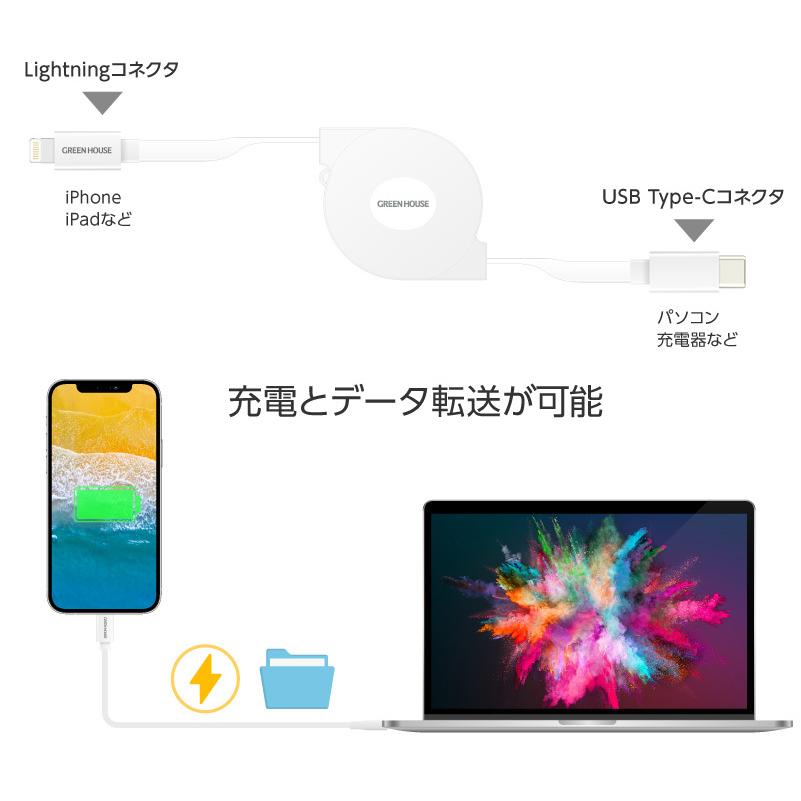 ライトニングケーブル Lightning-TypeC 巻取ケーブル グリーンハウス １メートル ホワイト GH-ALTCMA100-WH/5577ｘ１本｜kawanetjigyoubu｜03