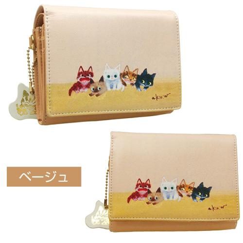 ２つ折り財布/小銭入れ付　牛革 渡辺あきお レディ−ス 猫柄 二つ折り財布 牛革 本革 大容量 L字