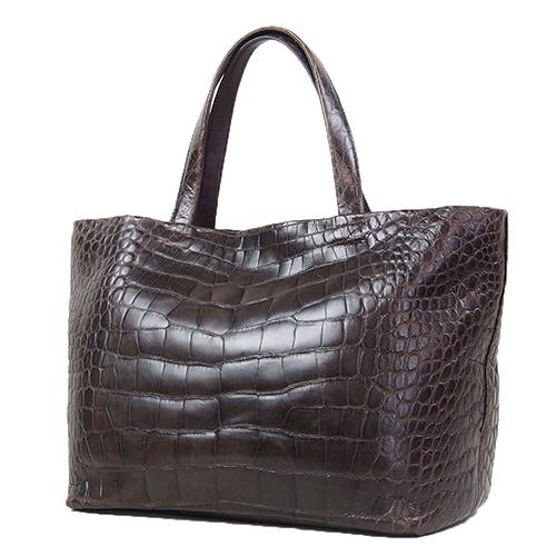 センター取り クロコダイル アオリ型 大型トートバッグ ハンドバッグ マット仕上げ チョコ | 