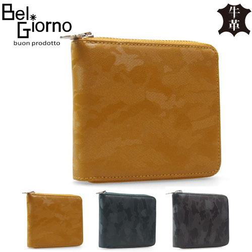 二つ折り財布 牛革 パスケース収納付き ラウンドファスナー小銭入れ付き 迷彩柄 BelGiorno ベルジョルノ M90-006 | 