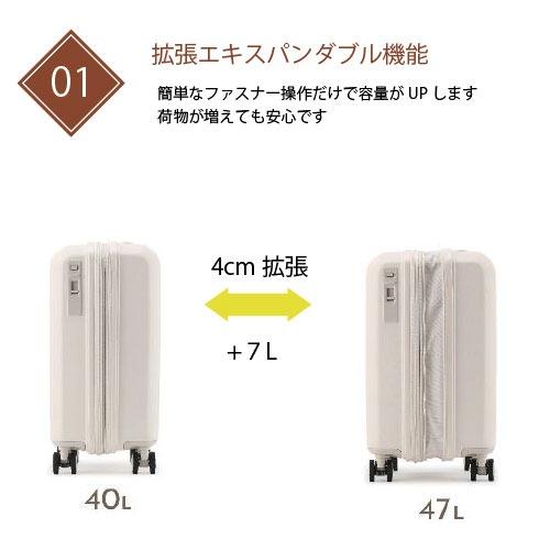 グランプラス GRAND+K2ブレーキ (キャビンサイズ) 拡張機能付きスーツケース 日乃本製静音キャスター TSダイヤルロック ブレーキキャスター搭載 |  | 01