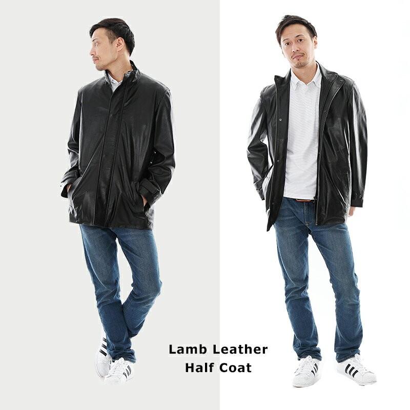 スタンドカラーコート レザーコート 本革 ラム革コート : 本革 レザー