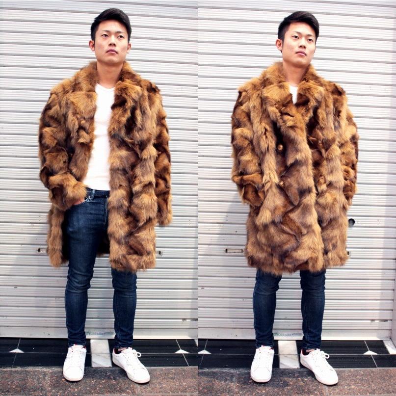 毛皮ジャケット メンズ FOX ファージャケット 90cm丈 キャメルカラー