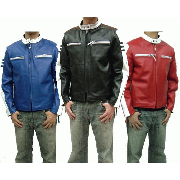 メンズ レザージャケット ライダーズジャケット シングル 革ジャン 本革 ツートンカラー ブラック 黒 ホワイト 白 レッド ブルー シングル6052