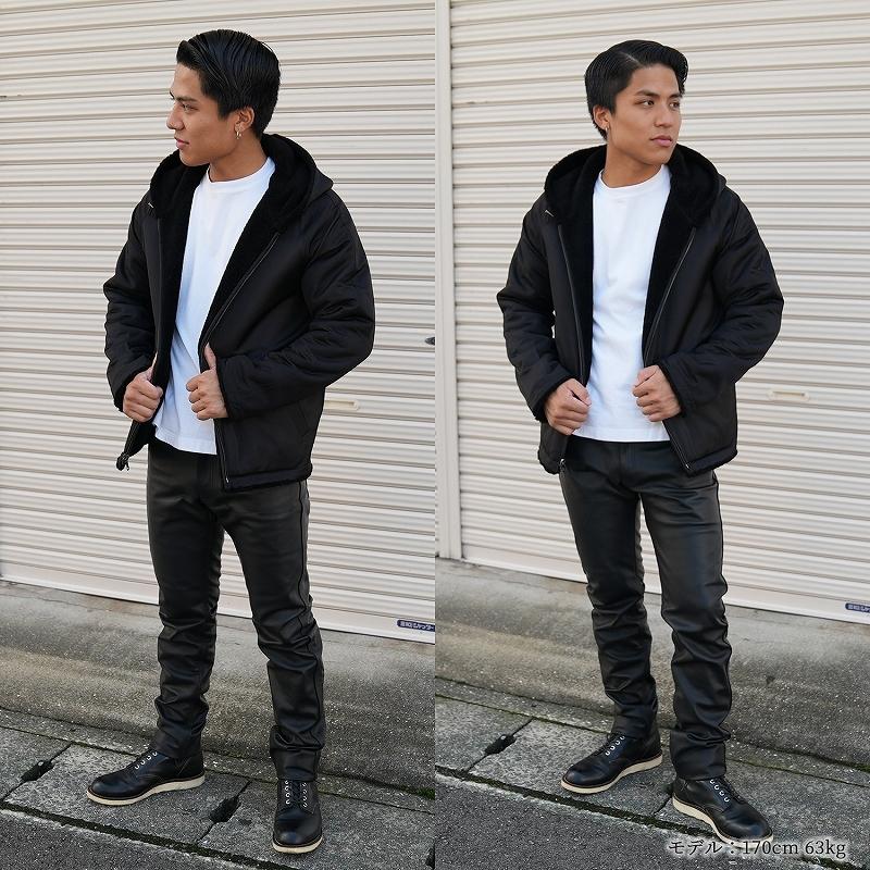 ファージャケット メンズ 羊毛 毛皮 フード付き ジップアップ