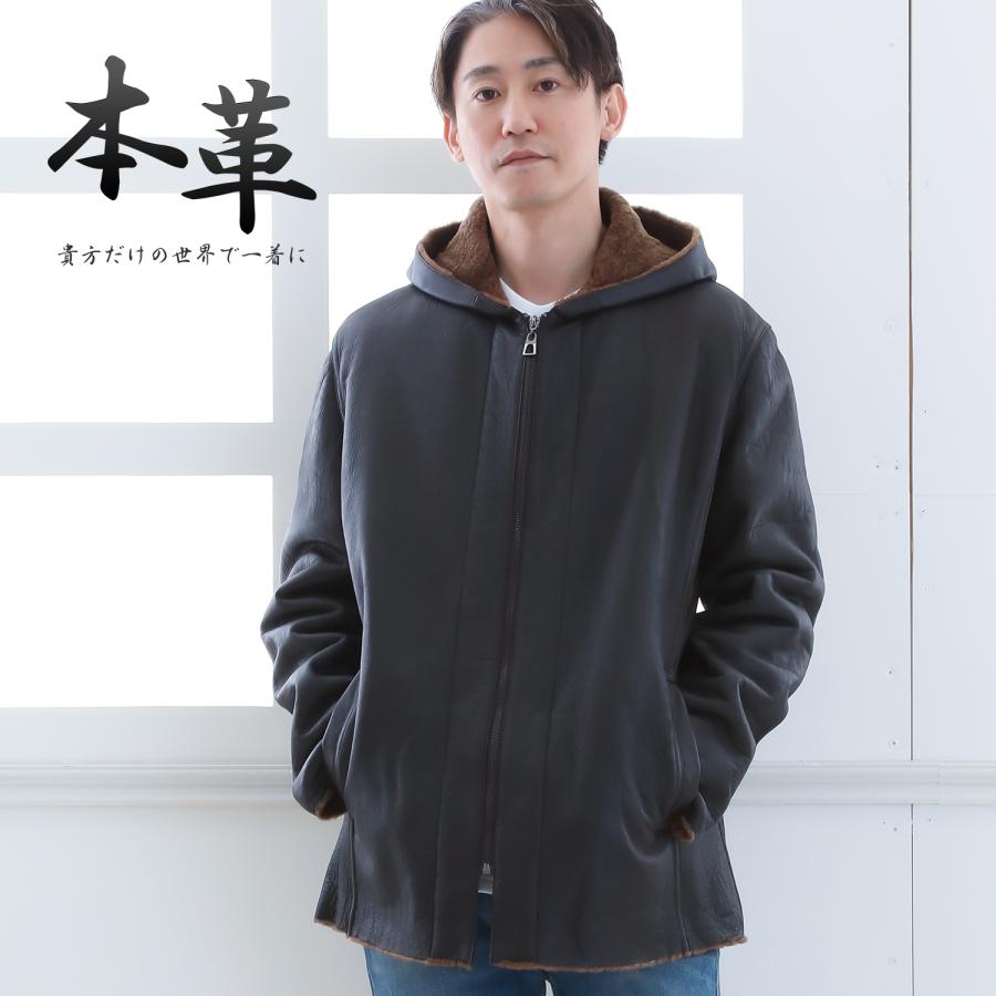 ムートンコート メンズ ハーフコート 本皮 フード付き 羊革 ラム
