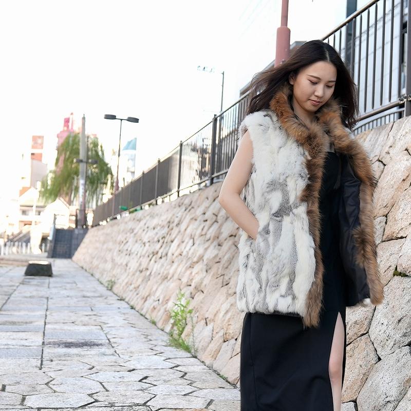 毛皮ベスト レディース ラビット ラクーン ファーベスト リバーシブル