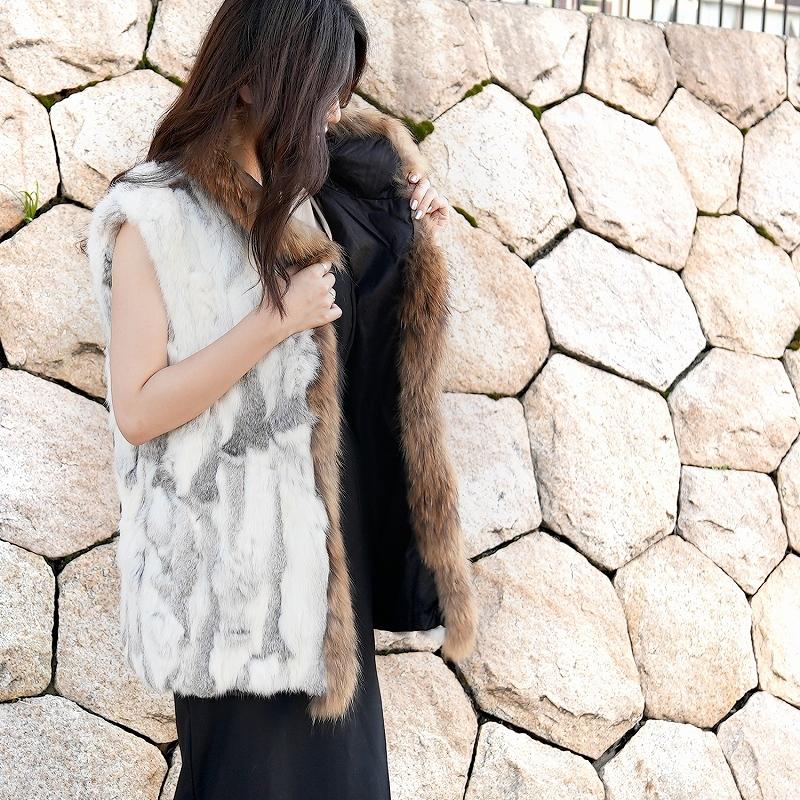 毛皮ベスト レディース ラビット ラクーン ファーベスト リバーシブル