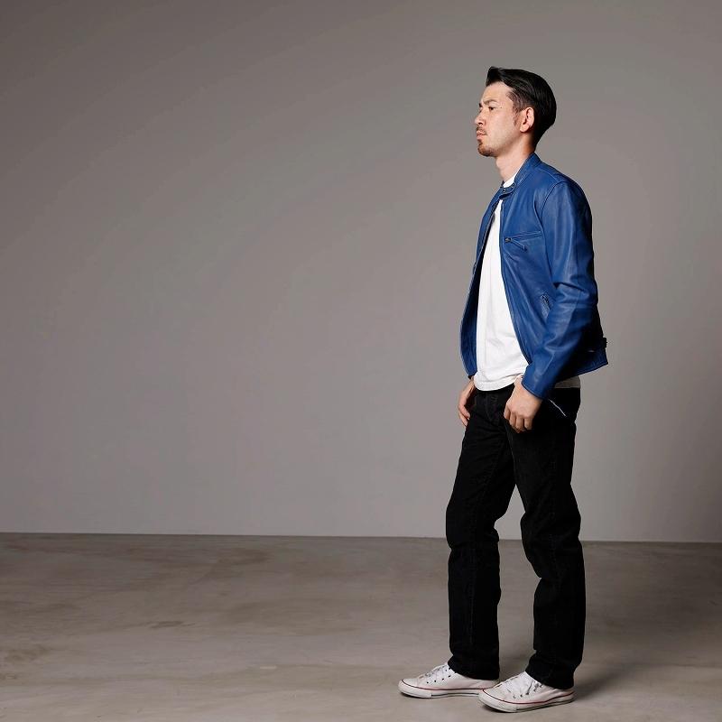 【本革 ラムレザー】ブルー シングルライダースジャケット メンズ レザージャケット 革ジャン Mo-LAWS mlrj0111blue