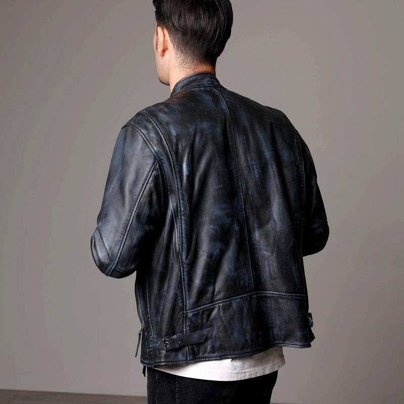 本革 ラムレザー】ネイビー シングルライダースジャケット