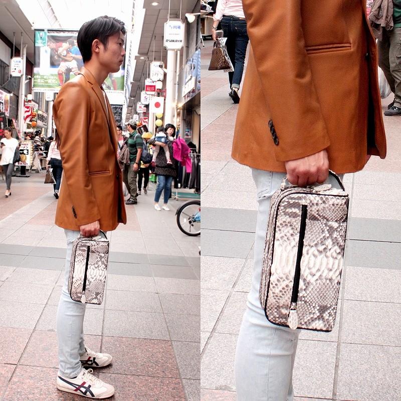 パイソン セカンドバッグ メンズ 本革 蛇革 ダブルファスナー