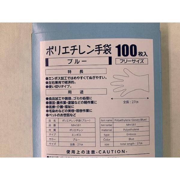 使い捨てポリ手袋 ブルー 左右兼用 フリーサイズ 100枚入 (100円
