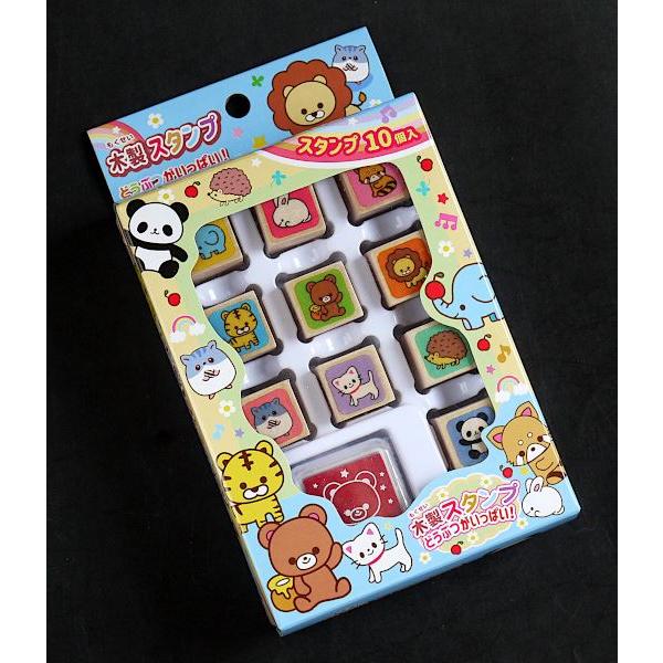 木製スタンプ どうぶつがいっぱい 10個入 インクパッド付 : 100円雑貨