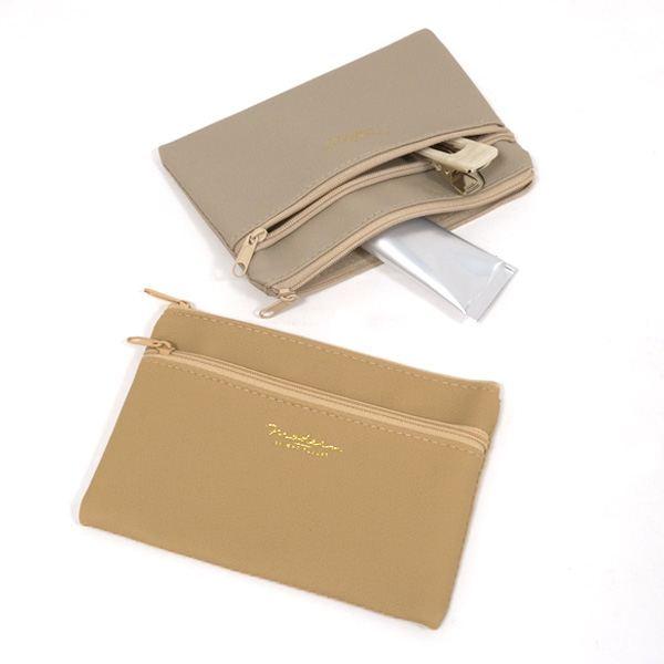 合皮 Wファスナーポーチ ベーシックカラー 11×16cm ［色指定不可 