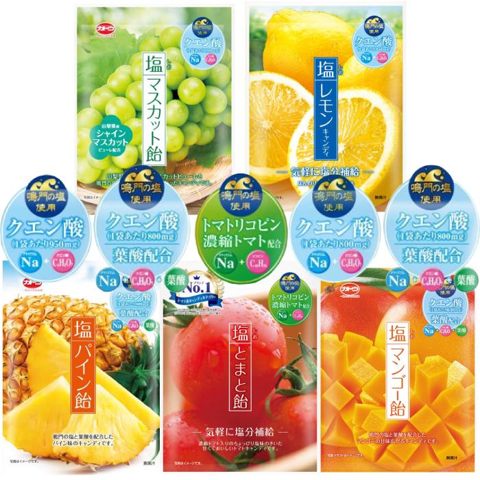 熱中症対策 塩飴セット 塩とまと飴 塩レモンキャンディ 塩マスカット飴 塩パイン飴 塩キウイ飴 58g 各1個  合計5袋 塩飴 塩分補給 塩分チャージ 加藤製菓 の商品画像