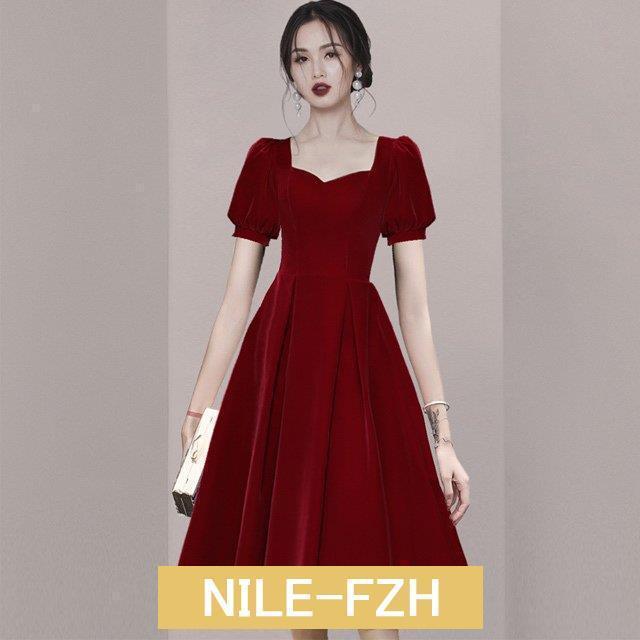 ベロア ベルベット Aラインワンピース ワイン赤 ワンピース ドレス 結婚式 デート お出かけ 20代 30代 ロングワンピース Aライン 半袖 パフスリーブ お嬢様 ベロア ベルベット Aラインワンピース ワイン赤 ワンピース ドレス