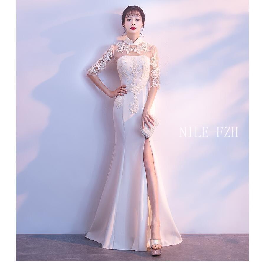 立ち襟 袖あり ロングドレス ウエディングドレス パーティードレス 結婚式ワンピース マーメイドドレス お呼ばれ 食事会 二次会 披露宴 卒業式 成人式