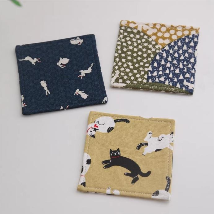 コースター 布製 ハンドメイド 北欧風 綿布 花柄 両面使用 10cm