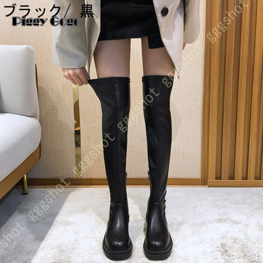 レディース ロングブーツ 歩きやすい ニーハイブーツ 黒 美脚 太ヒール 厚底 ローヒール ブーツ 長靴 高筒ブーツ ストレッチブーツ 長ブーツ 秋冬 シンプルの画像
