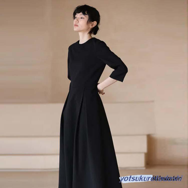 レディース ワンピース ロングワンピース 分袖 大人 フォーマル 春 秋 ブラック 膝下 喪服 ポケット付き 上品 クルーネック 大きいサイズ_1