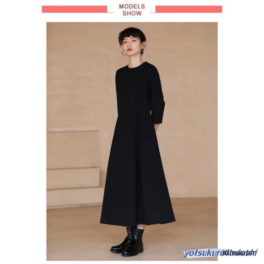 レディース ワンピース ロングワンピース 分袖 大人 フォーマル 春 秋 ブラック 膝下 喪服 ポケット付き 上品 クルーネック 大きいサイズ_5