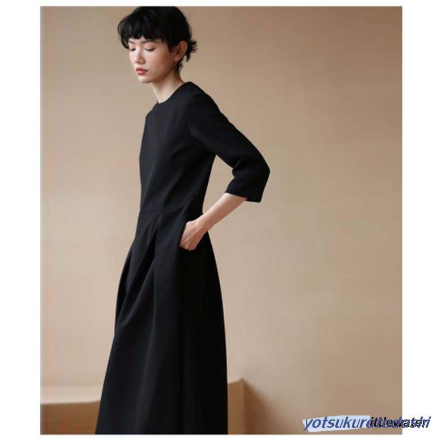 レディース ワンピース ロングワンピース 分袖 大人 フォーマル 春 秋 ブラック 膝下 喪服 ポケット付き 上品 クルーネック 大きいサイズ_6