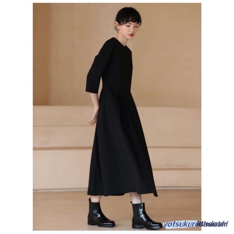 レディース ワンピース ロングワンピース 分袖 大人 フォーマル 春 秋 ブラック 膝下 喪服 ポケット付き 上品 クルーネック 大きいサイズ_8