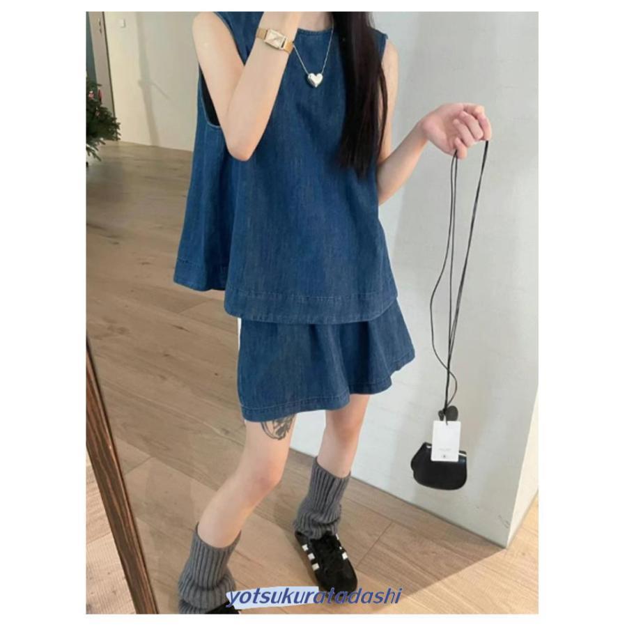 デニム セットアップ ノースリーブ トップス ショートパンツ