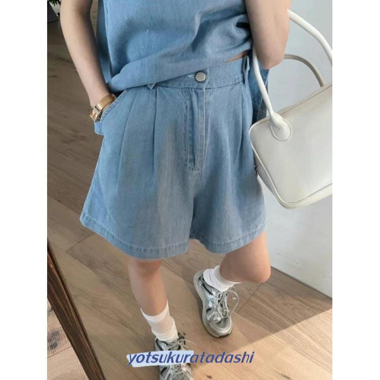 デニム セットアップ ノースリーブ トップス ショートパンツ