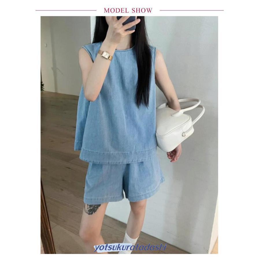 デニム セットアップ ノースリーブ トップス ショートパンツ