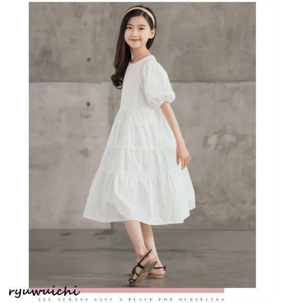 ワンピース 春 半袖 綿100％ ティアード半袖ワンピース 黒 白 子供服