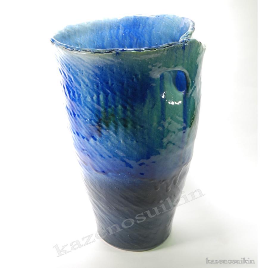 信楽焼の花瓶 ブルーガラスひねり花器 17号 （信楽焼・陶器・花瓶・花入・花器