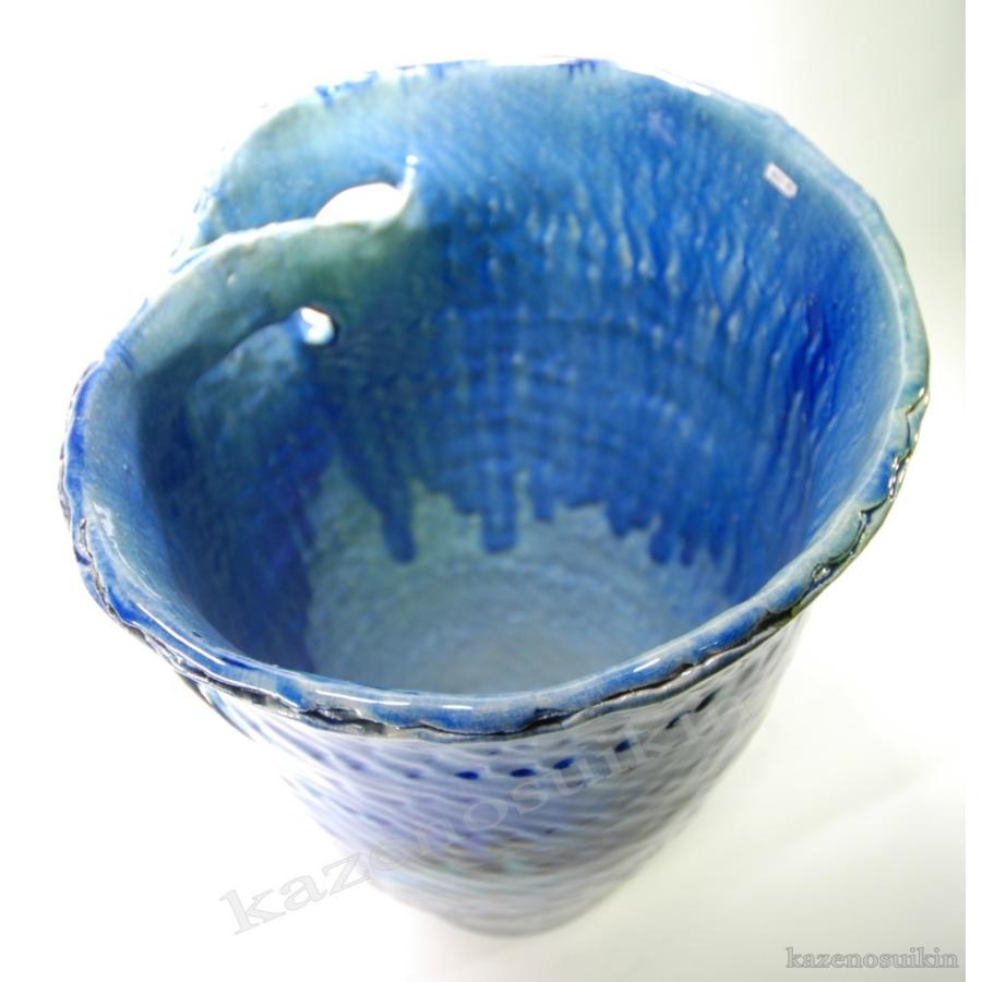 信楽焼青色ガラス陶器製 楕円形 花器 信楽焼 一輪挿し 青ガラス 小さい 花瓶 陶器 おしゃれ 花入